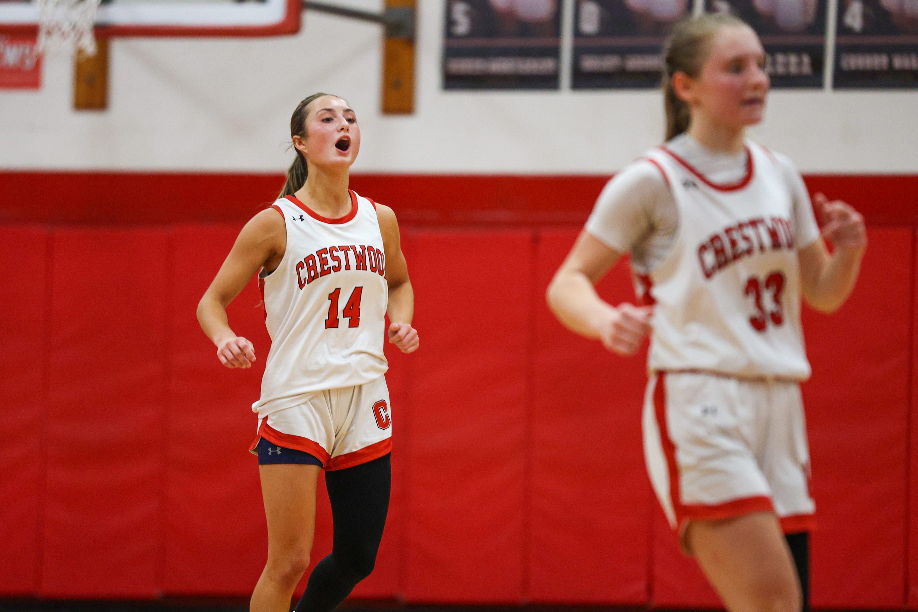 Crestwood’s Jordan Andrews (14) celebrates after a win to advance...