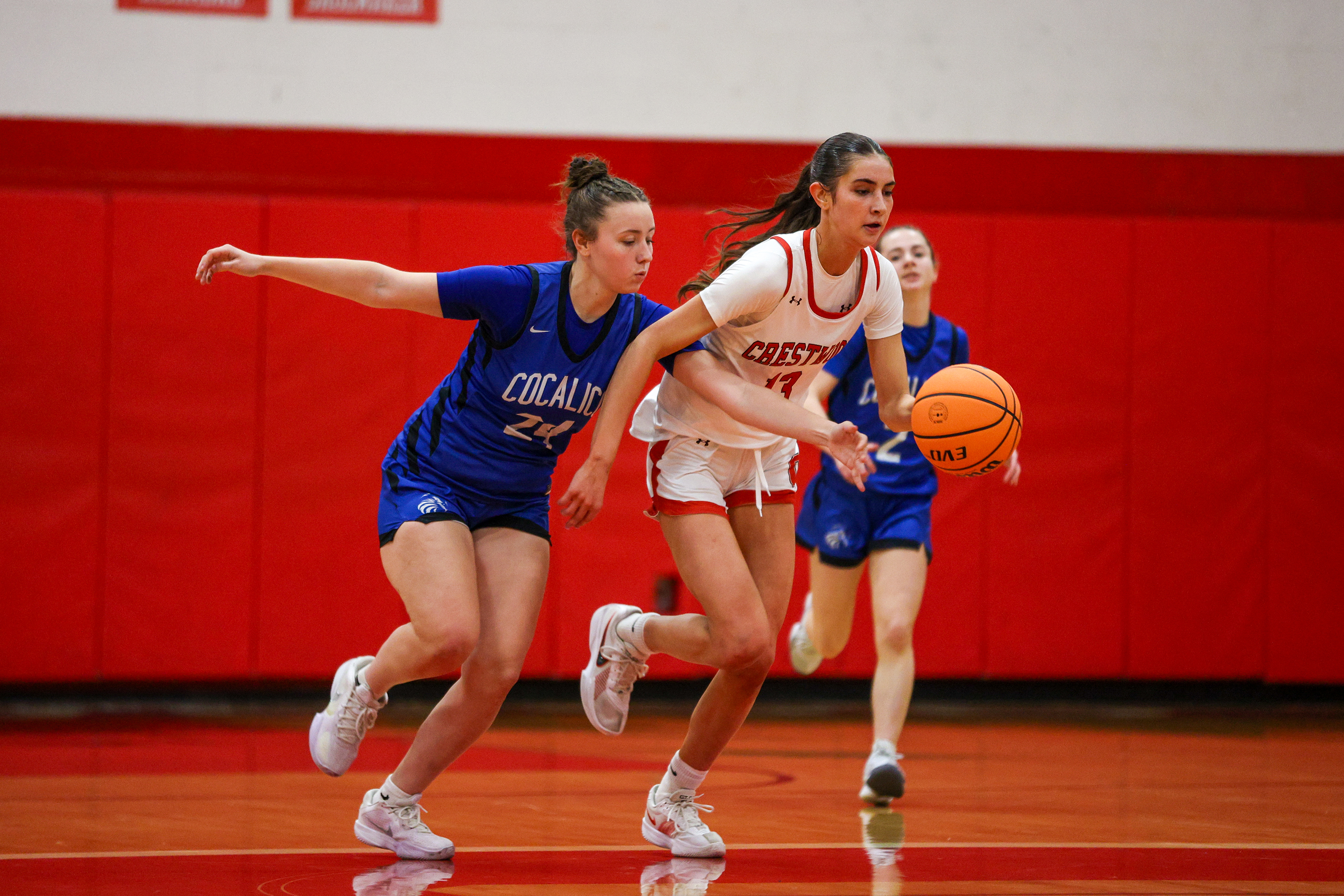 Crestwood’s Jackie Gallagher (13) takes the ball down the court...