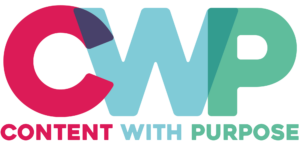 Logo: (top) red C, blue W green P. (bottom) "content with purpose". White background.