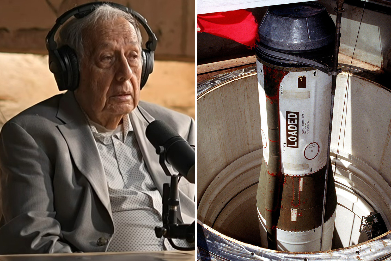 Collage of a man wearing headphones next to a microphone and a "LOADED" missile in a silo.