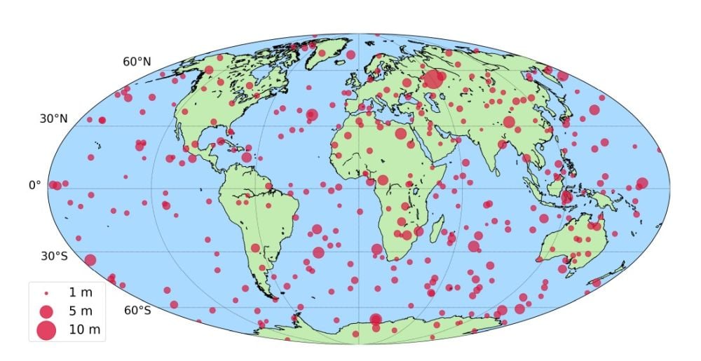 This map shows the impact locations for all 343 objects in the research. They're from NASA’s Center for Near-Earth Object Studies (CNEOS) Fireball and Bolide Database. They span from February 1 1994 February January 1 2026. The impactors are spread uniformly over Earth's surface. Image Credit: Chow et al. 2026. ApJ