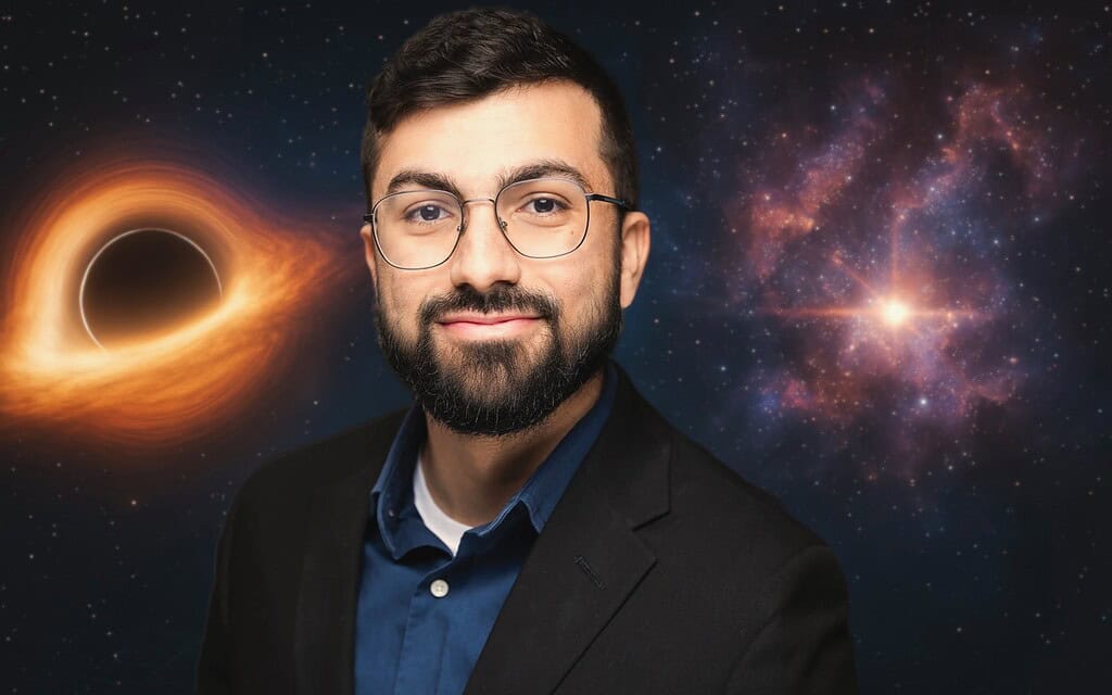 LCO and UCSB graduate student Joseph Farah. Young man in glasses in front of a black hole and galaxy background