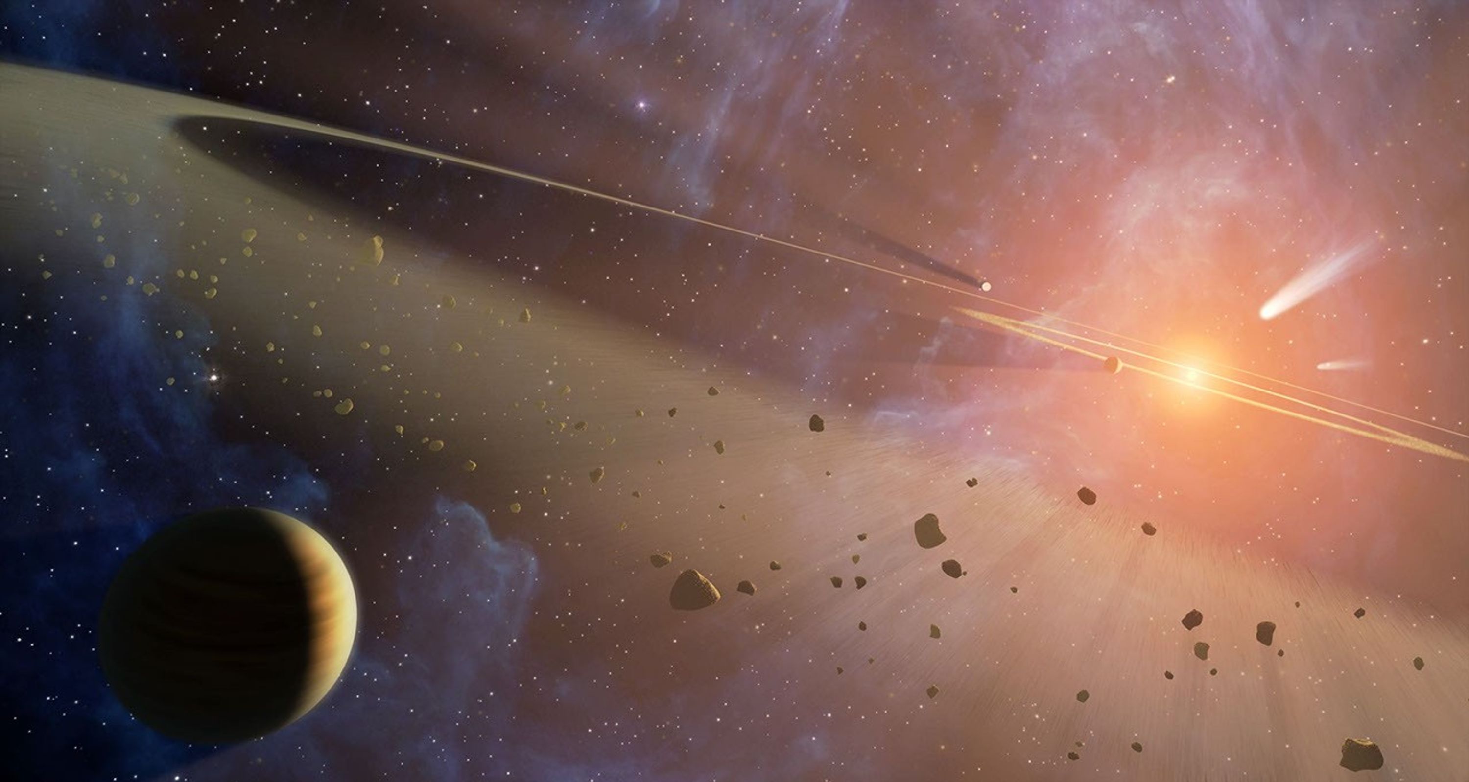 This artist's conception shows the closest known planetary system to our own, called Epsilon Eridani. Observations from NASA's Spitzer Space Telescope show that the system hosts two asteroid belts.