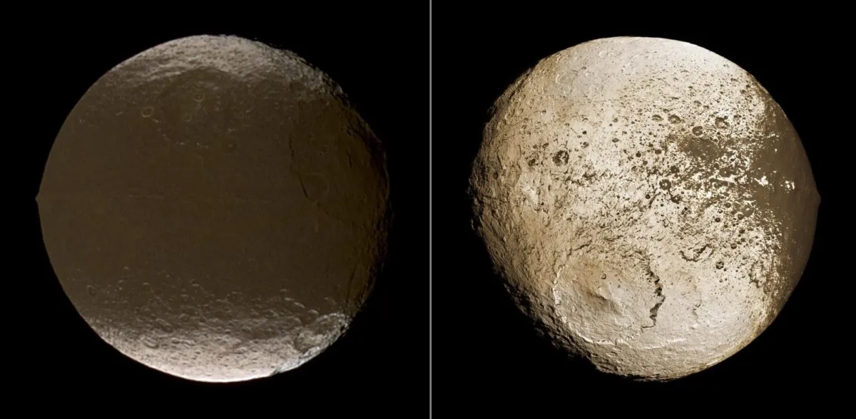 Two global images of Iapetus captured by the Cassini mission show the brightness dichotomy on the surface the moon. The left image shows the moon's leading hemisphere and the right-hand panel shows the moon's trailing side. Credit: NASA/JPL-Caltech/Space Science Institute
