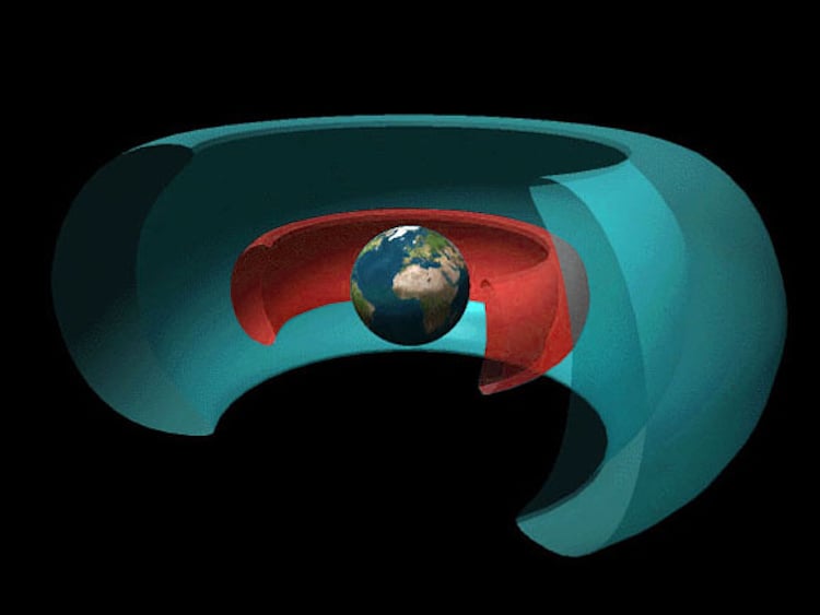 The Universe’s Most Powerful Particle Accelerators Were Here All Along Cutaway drawing of two radiation belts around Earth; the inner belt (red) dominated by protons and the outer one (blue) by electrons. (Credit : JHUAPL, NASA)