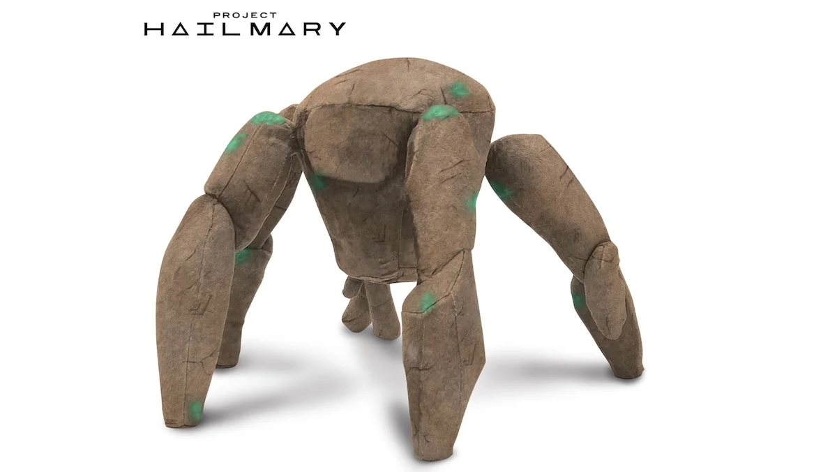 A Rocky plushie doll on a white screen from Project Hail Mary