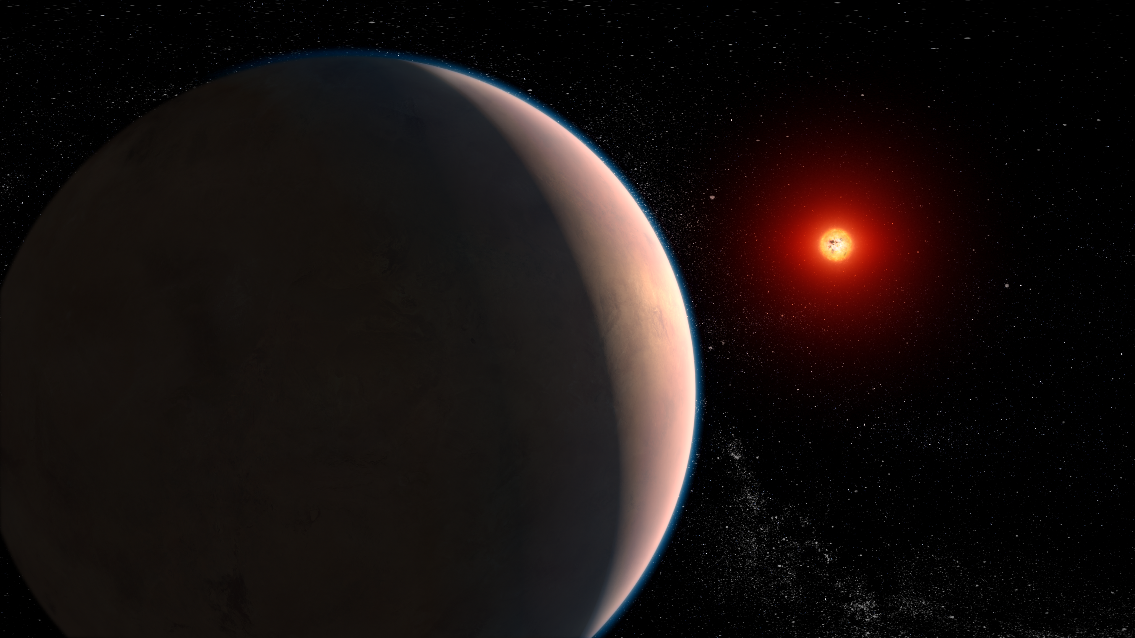 Occupying the left two-thirds of the image is a foreground planet mostly in shadow. On the right side, a tan crescent shows subtle surface features. A thin, tenuous blue atmosphere lines the planet’s limb. On the right, a small red globe represents a red dwarf star. Its surface is mottled with small, dark spots resembling sunspots. Both planet and star are on a mostly black background speckled with hundreds of faint, distant stars.