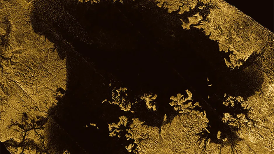 A false-colour image taken by NASA's Cassini spacecraft of Ligeia Mare, the second largest known body of liquid on Saturn's moon Titan. It is filled with liquid hydrocarbons such as ethane and methane. Credit: NASA/JPL-Caltech/ASI/Cornell