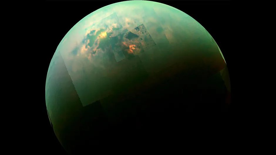Sunlight reflects off Titan's northern seas in this image taken by the Cassini spacecraft. Credits: NASA/JPL/Univ. Arizona/Univ. Idaho