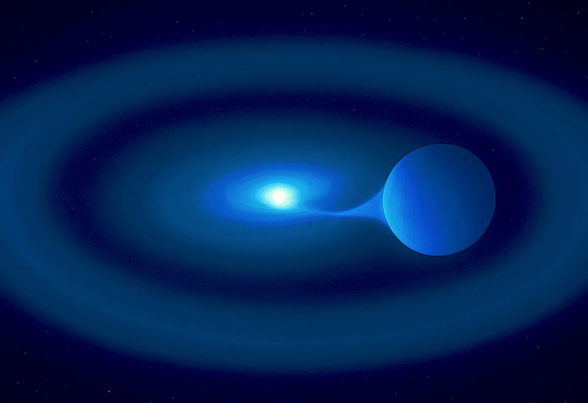 Artist's impression of double star V Sagittae, which is burning bright because a greedy white dwarf is gorging on its larger twin