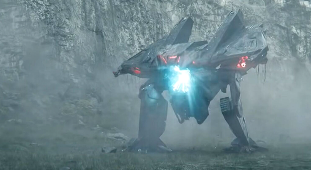 an alien engine of war fires a blue weapon