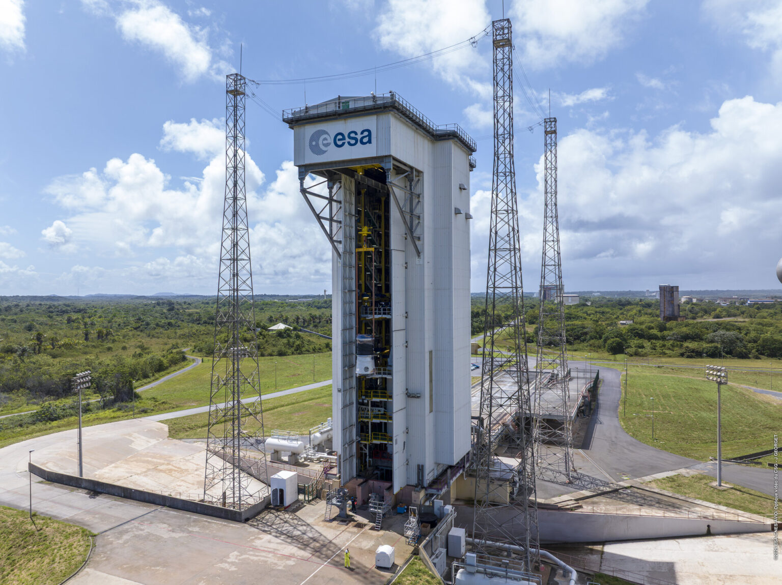 Zefiro-9 hoisting to the top of the Vega-C rocket that will take Smile to space