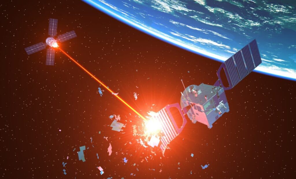 A Military Spacecraft Fires A Laser Beam At An Enemy Satellite