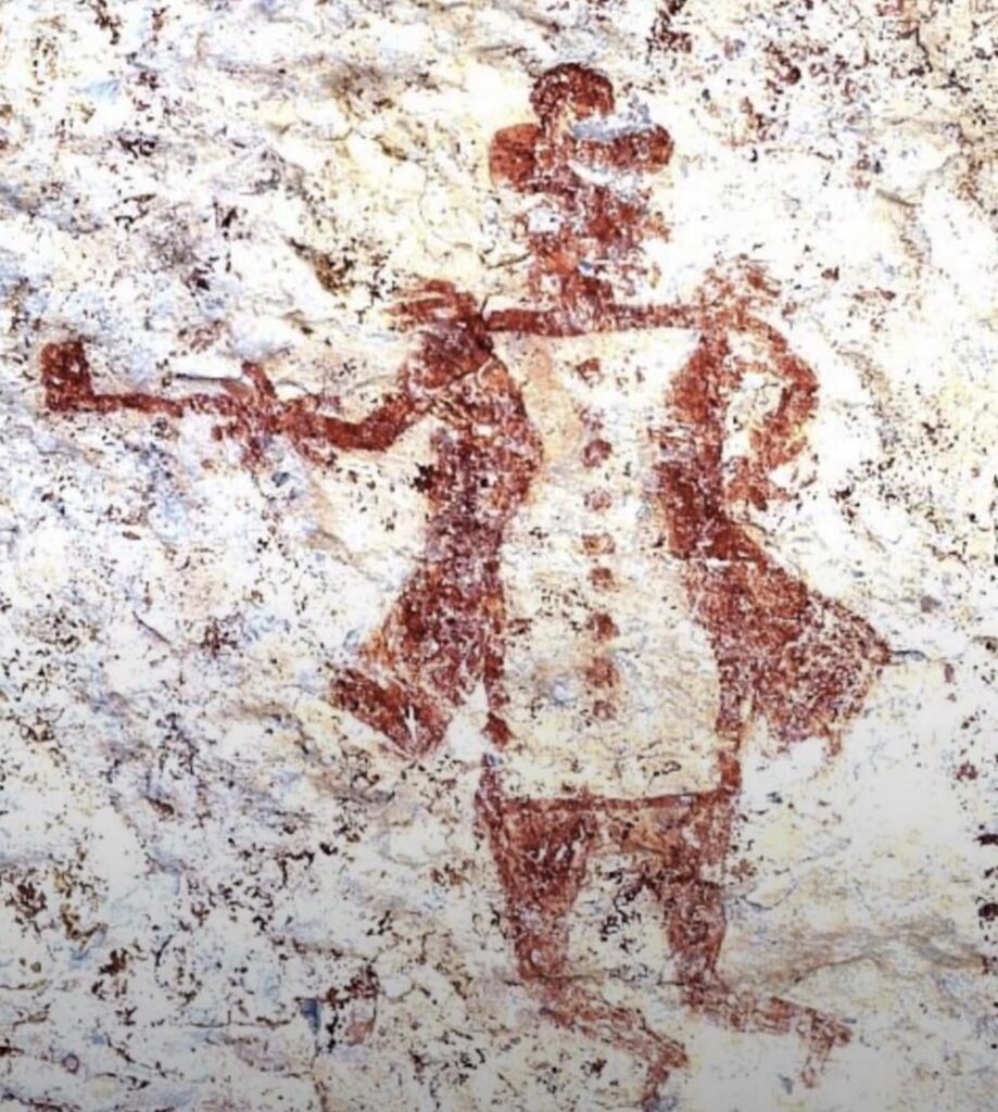 Cave pictograph depicting early Spanish settlers/ explorer to Texas created by natives in Texas mostly likely between the 15th and 18th centuries. Texas Archeological Research Laboratory archives.