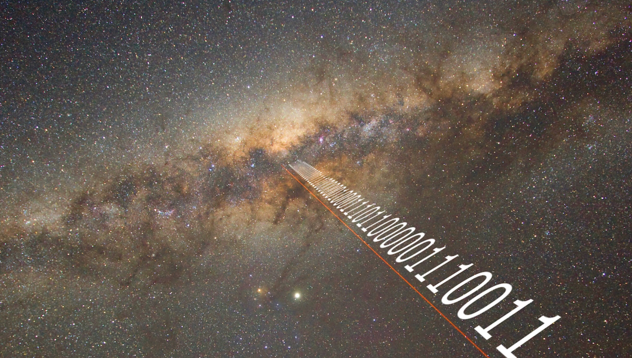 a string of zeros and ones beaming through a starry background