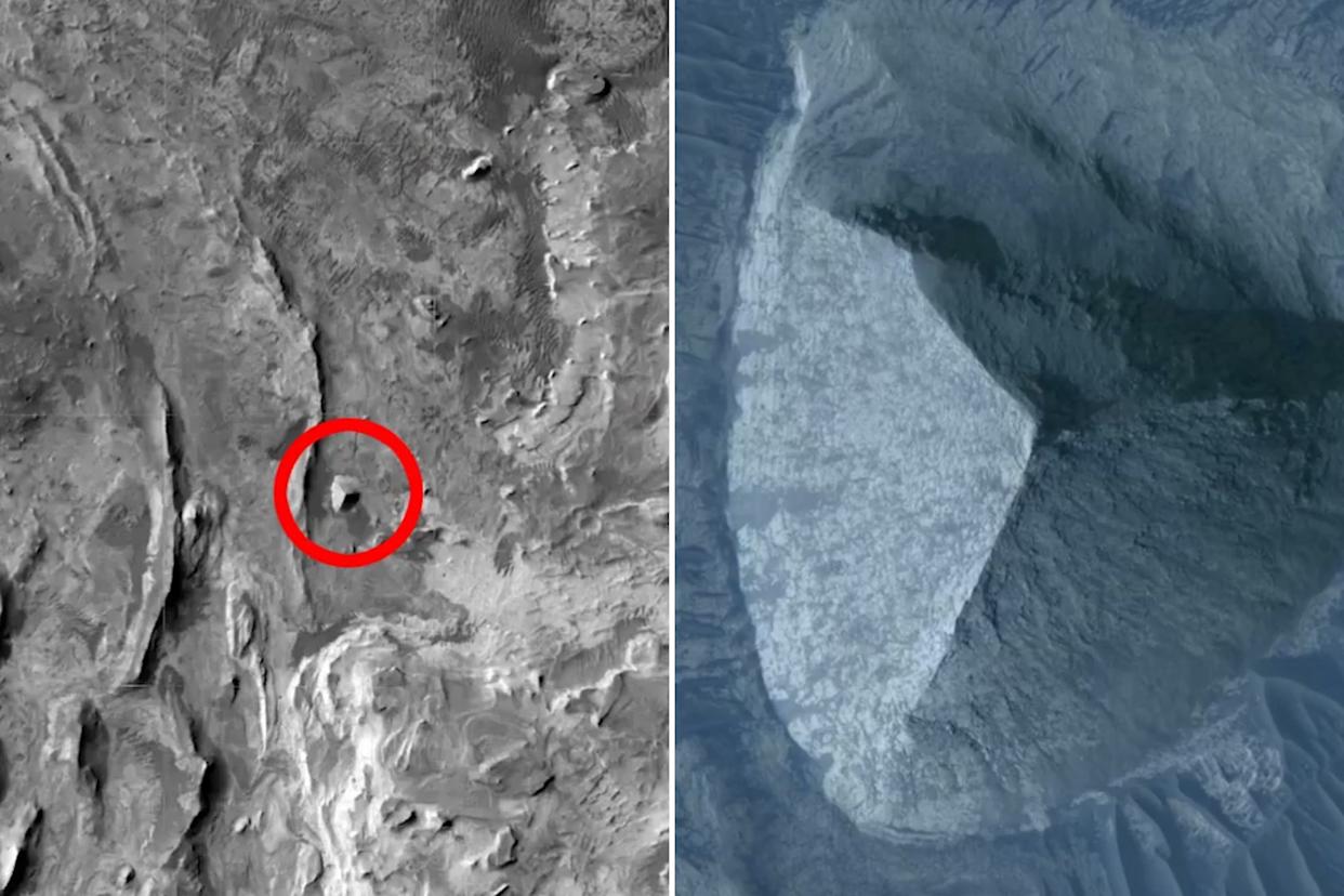 An image collage containing 2 images, Image 1 shows Satellite view of the Martian surface, with a small pyramid-like structure circled in red, Image 2 shows An aerial view of a pyramid-like structure on Mars
