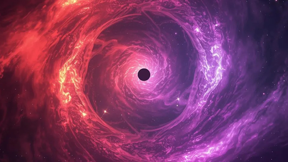  A black circle in the center of the illustration surrounded by swirling glowing patterns spiraling outward from it. The left side is colored red while the right side is colored purple. 