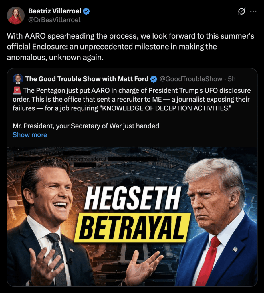 Dr. Beatriz Villarroel: "With AARO spearheading the process, we look forward to this summer's official Enclosure: an unprecedented milestone in making the anomalous, unknown again".