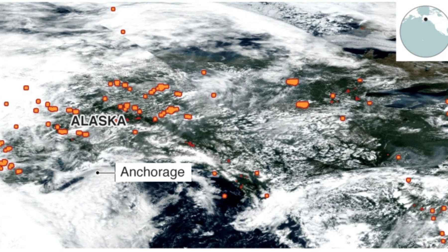 NASA FIRMS satellite map showing more than 100 active wildfires across Alaska near Anchorage