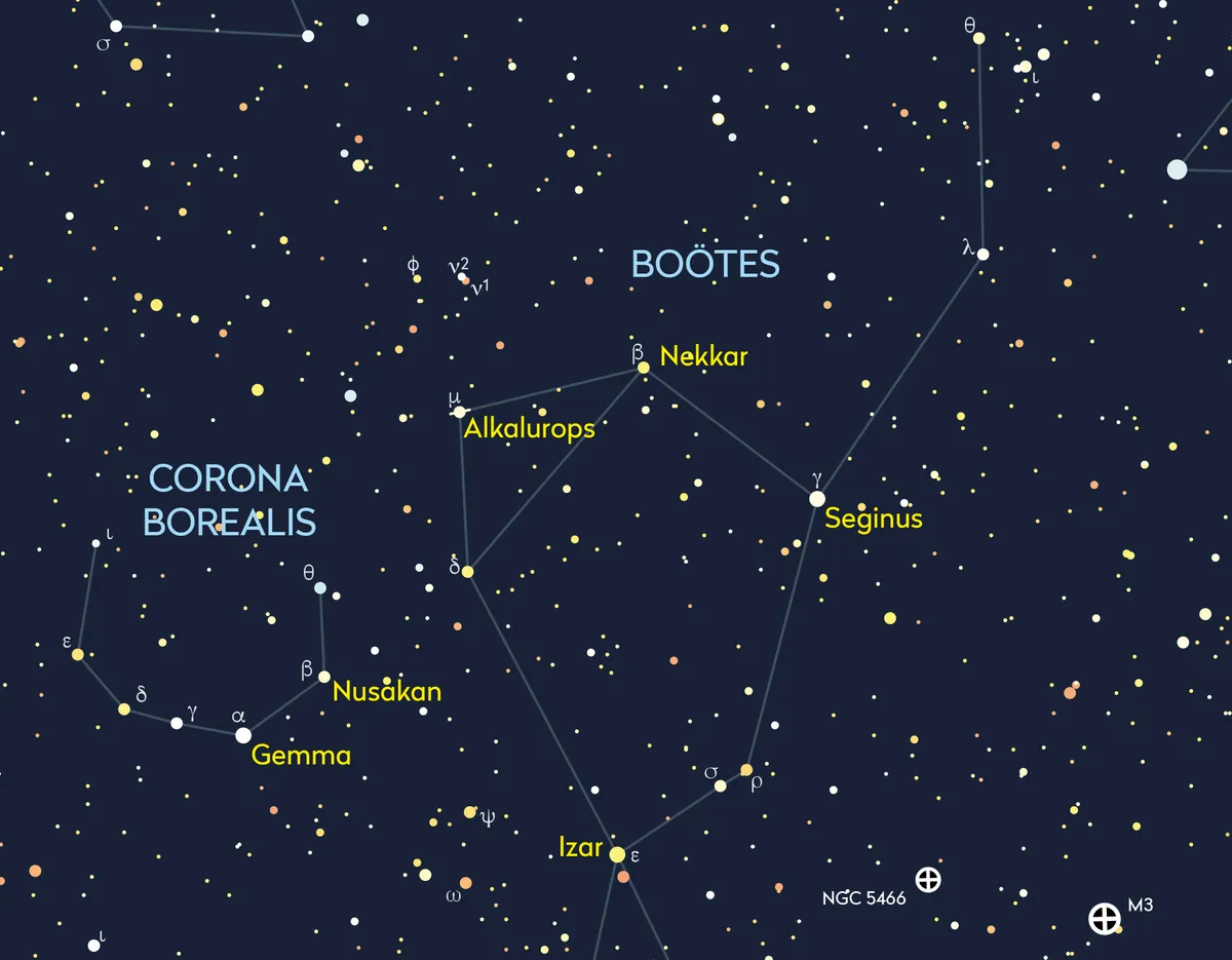 A chart showing the location of constellation Bootes and some of its stars
