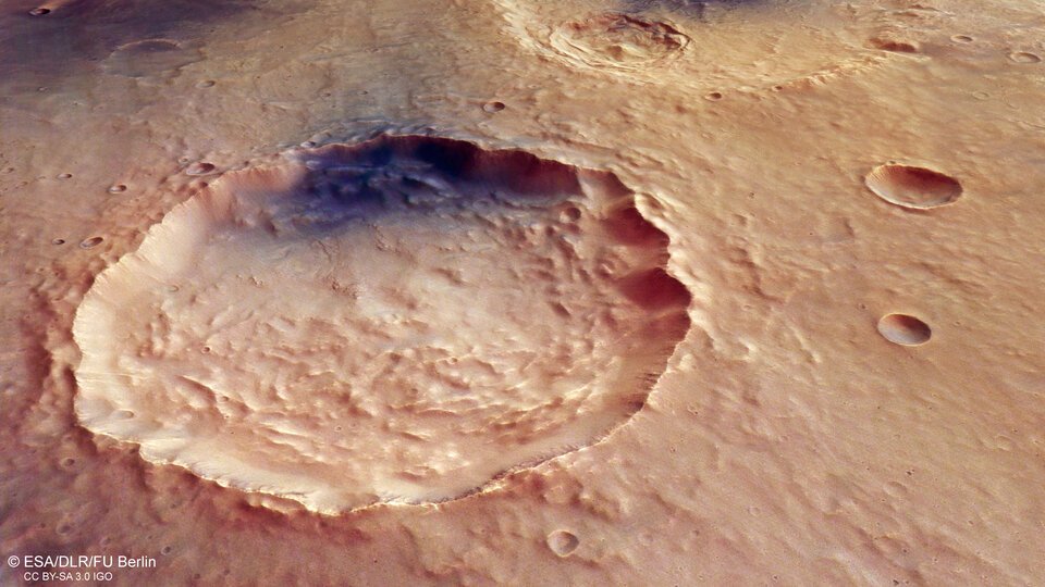 Close-up image showing another crater that is visible in the lower left of the main image (to the left of Trouvelot Crater and the ancient companion that it intersects)