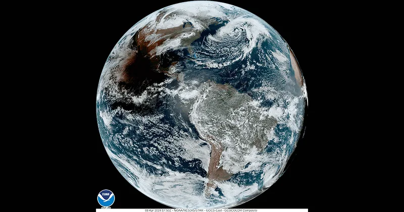 Image of the Moon's shadow cast on Earth during the April 8 2024 eclipse, as seen by the NOAA's GOES satellite. Credit: NOAA