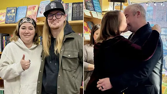 Two photos of couples in the bookstore.