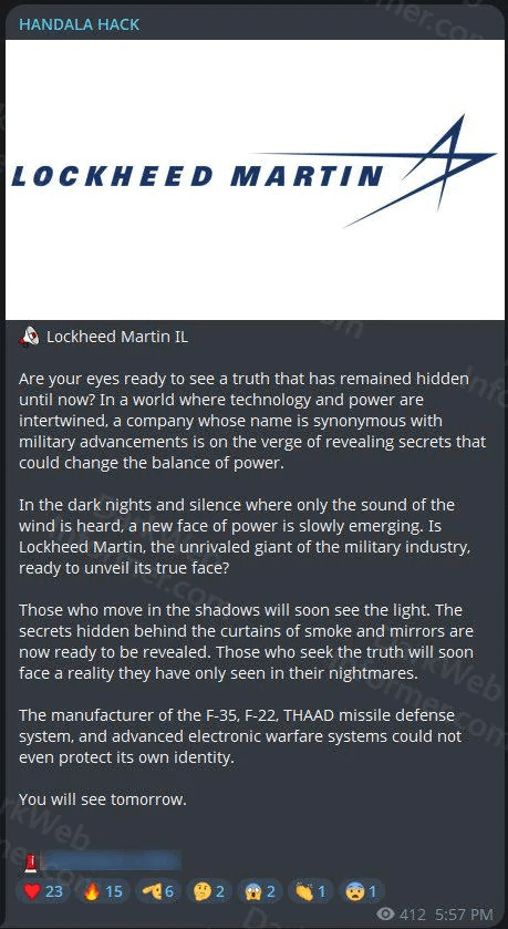 Lockhead Martin, known for having intel on aliens/UFOs has been hacked by the Handala group. Claims ,"Those who move in the shadows will soon see the light"