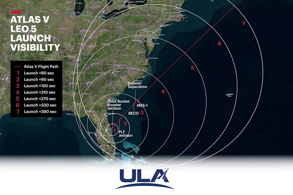 ULA launch of Atlas V, the fifth Amazon Leo constellation mission: Liftoff is planned at 3:53 a.m. EDT Sunday, March 29, 2026, from Cape Canaveral, Florida. The predawn launch will be visible from Florida to New England, if weather conditions in your area permit. This visibility map shows when and where your best chances are to see the rocket as it streaks northeasterly into space.