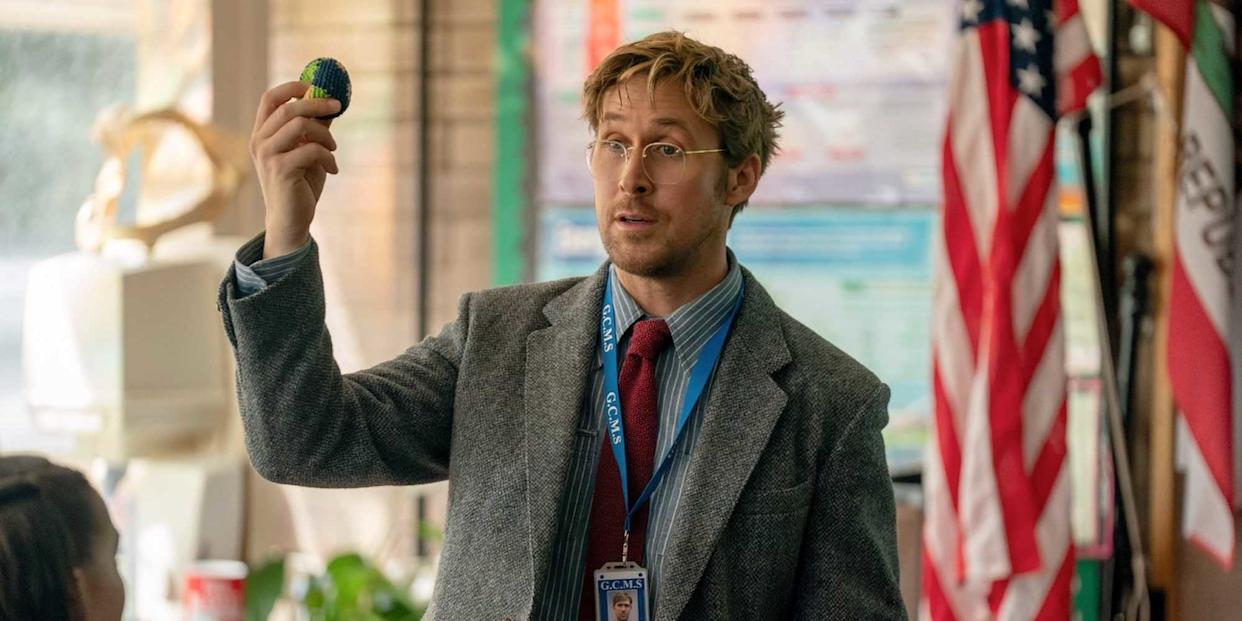 Ryan Gosling as Ryland Grace teaching a class in Project Hail Mary.