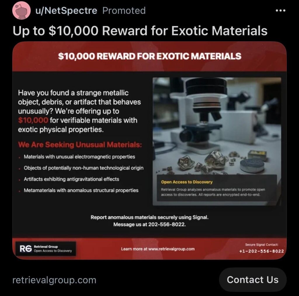 Ad with a reward for “exotic materials” and “non-human” origin on Reddit