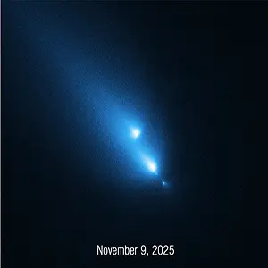 This series of images from NASA’s Hubble Space Telescope of the fragmenting comet C/2025 K1 (ATLAS) was taken over the course of three consecutive days: Nov. 8, 9, and 10, 2025. This is the first time Hubble has witnessed a comet so early in the process of breaking up. Credit: NASA, ESA, Dennis Bodewits (AU)