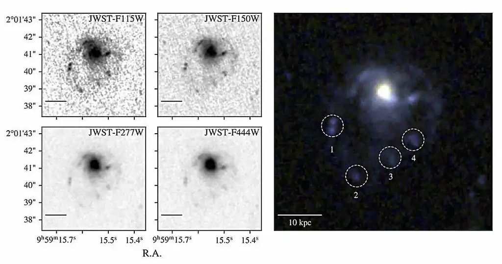 A distant galaxy with multiple images and gravitational lensing effects.