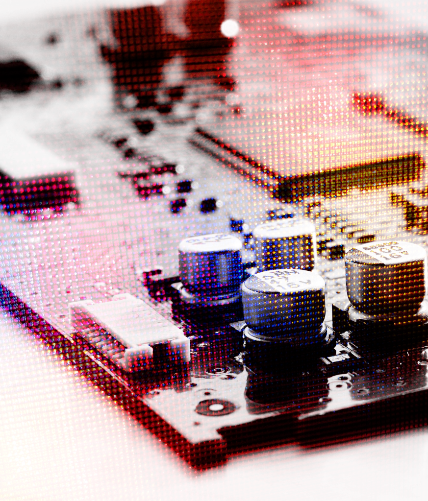 A computer chip with a colorful overlay.