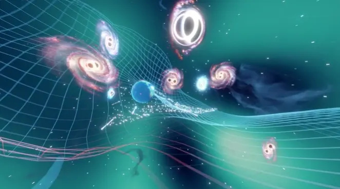 An illustration shows galaxies and black holes against a warped grid.