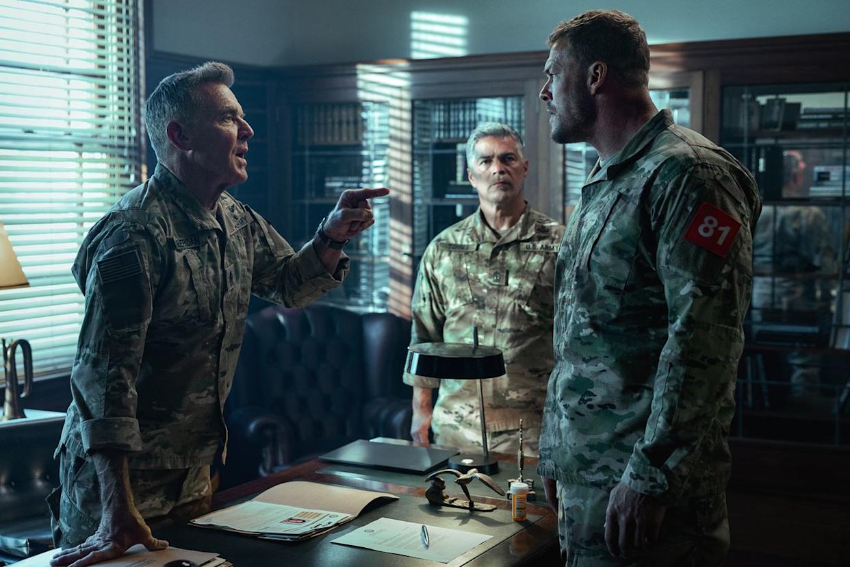 Dennis Quaid, Esai Morales and Alan Ritchson in 'War Machine'Credit: Ben King/Netflix
