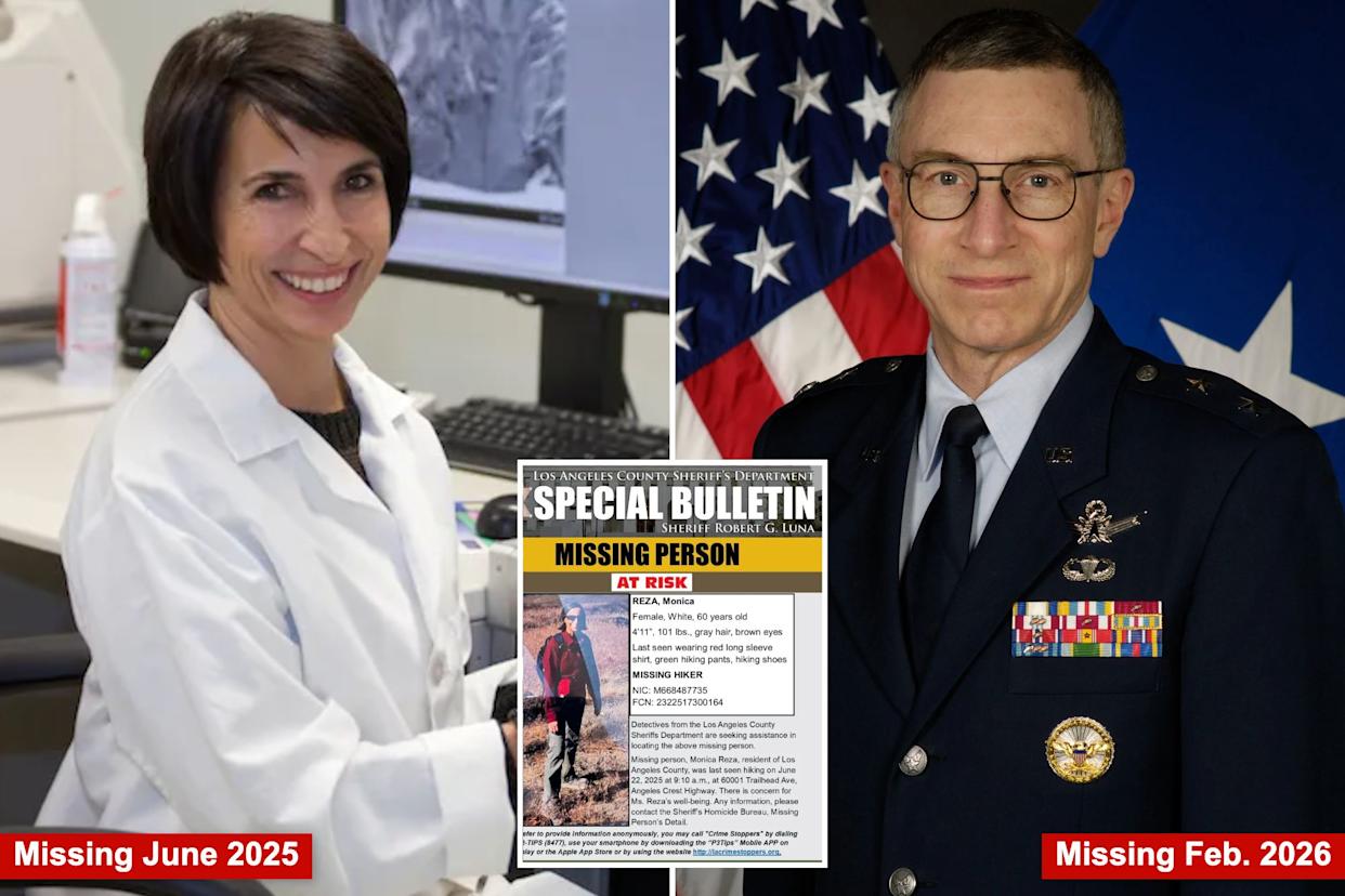 An image collage containing 3 images, Image 1 shows Monica Jacinto, a materials engineering and processes fellow at Aerojet Rocketdyne, smiles while working at a computer station, Image 2 shows Official portrait of U.S. Air Force General William McCasland in uniform with the American flag behind him, Image 3 shows A missing person bulletin for Monica Reza, a 60-year-old white female last seen hiking, issued by the Los Angeles County Sheriff's Department