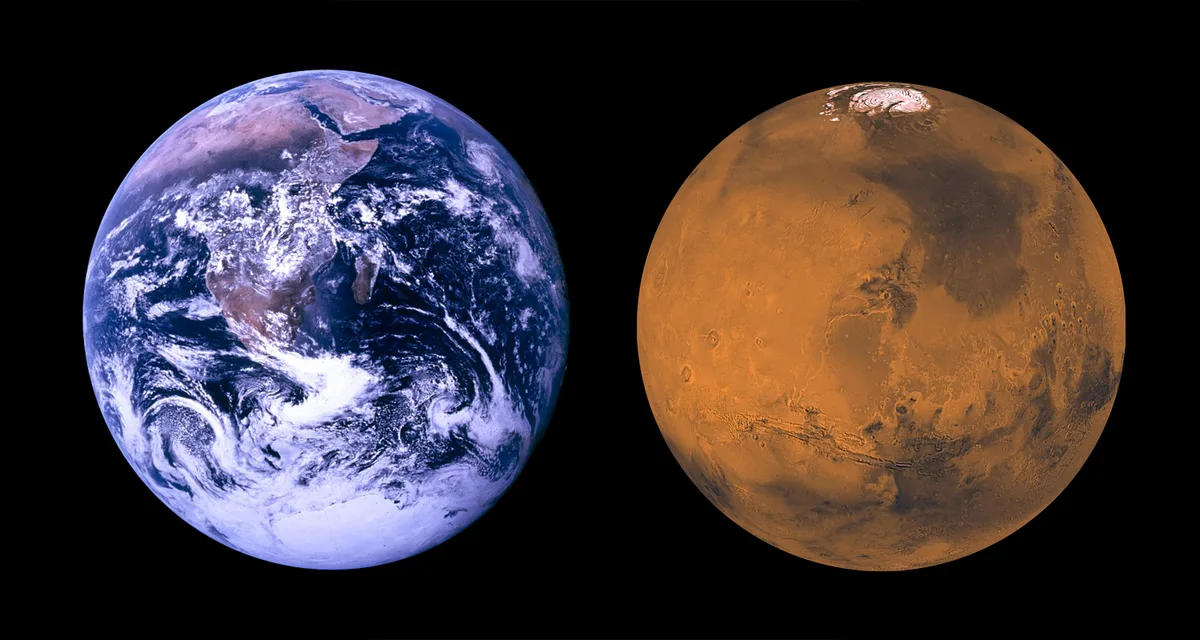 Neighbouring planets Earth and Mars. One teaming with life, one a barren wasteland. Credit – Earth: NASA/Goddard Space Flight Center. Mars: NASA/JPL/USGS