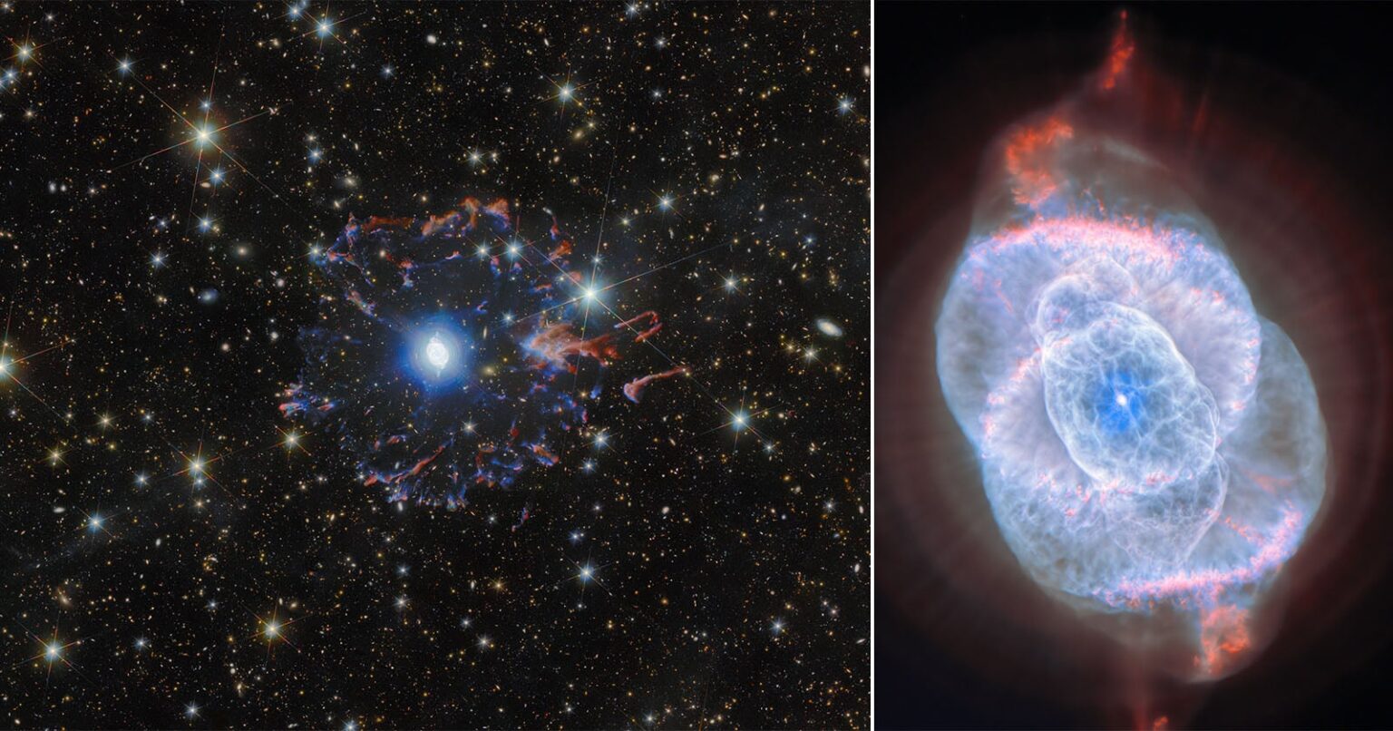 Hubble and Euclid Team Up for Sharpest Ever Photos of Cat’s Eye Nebula A side-by-side image: on the left, a bright star surrounded by a lacy, colorful nebula against a star field; on the right, a detailed, circular, blue and pink nebula with layered, wispy structures.