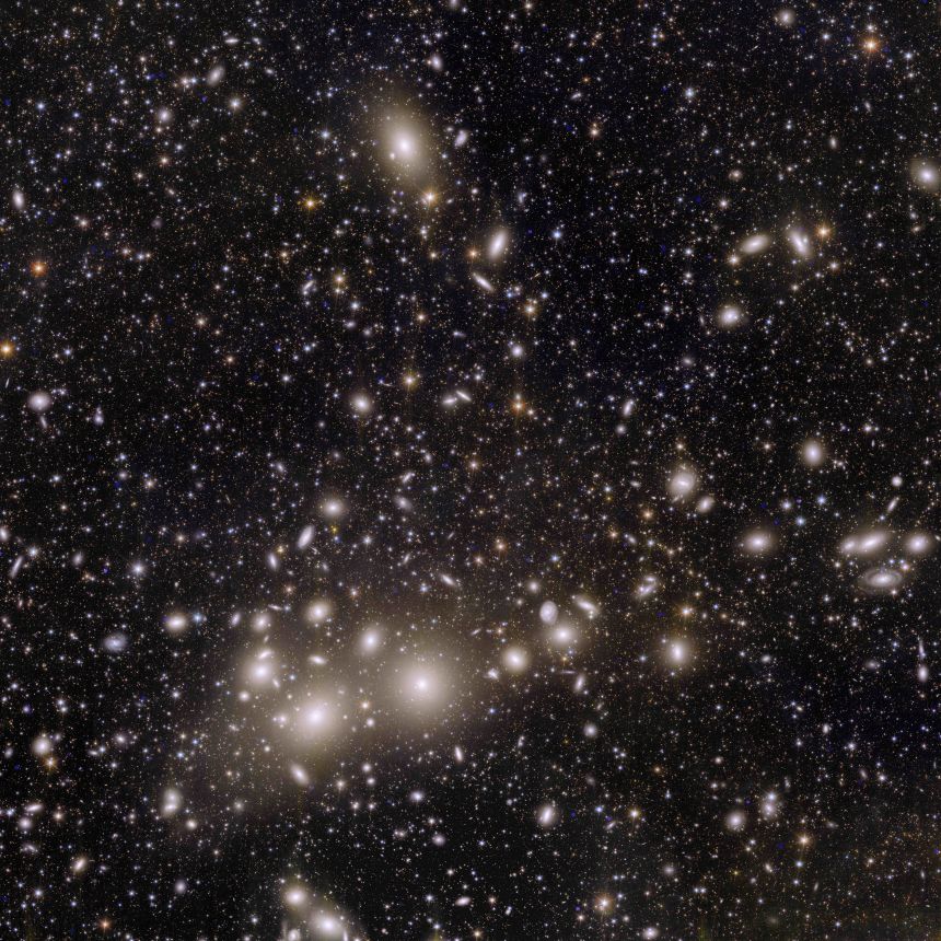 This image from the European Space Agency's Euclid space telescope shows hundreds of thousands of galaxies and, at the center, the Perseus Cluster, a rich conglomerate of galaxies that also houses CDG-2.