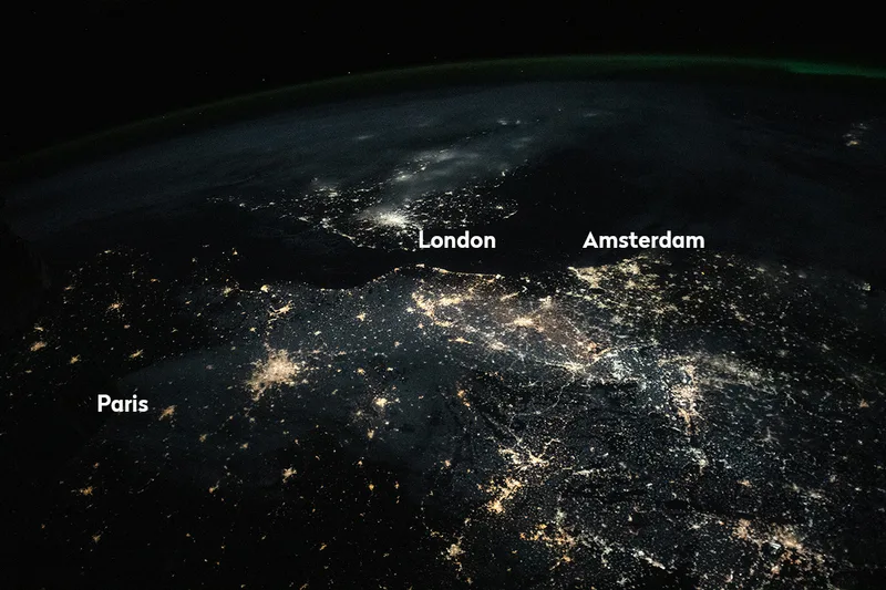 Labelled image of Europe at Night from space, including London, Paris and Amsterdam. Credit: International Space Station (ISS) Crew Earth Observations Facility and the Earth Science and Remote Sensing Unit, Johnson Space Center