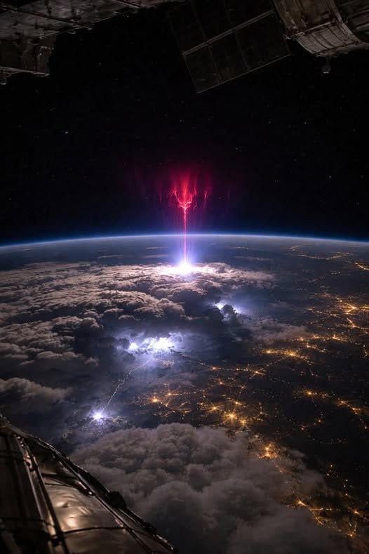 ISS astronaut captured one of the rarest phenomena: sprite-like blue jets in the upper atmosphere.

It looks like computer graphics, but it's real: rare lightning strikes not downwards into the ground, but upwards into the upper atmosphere.