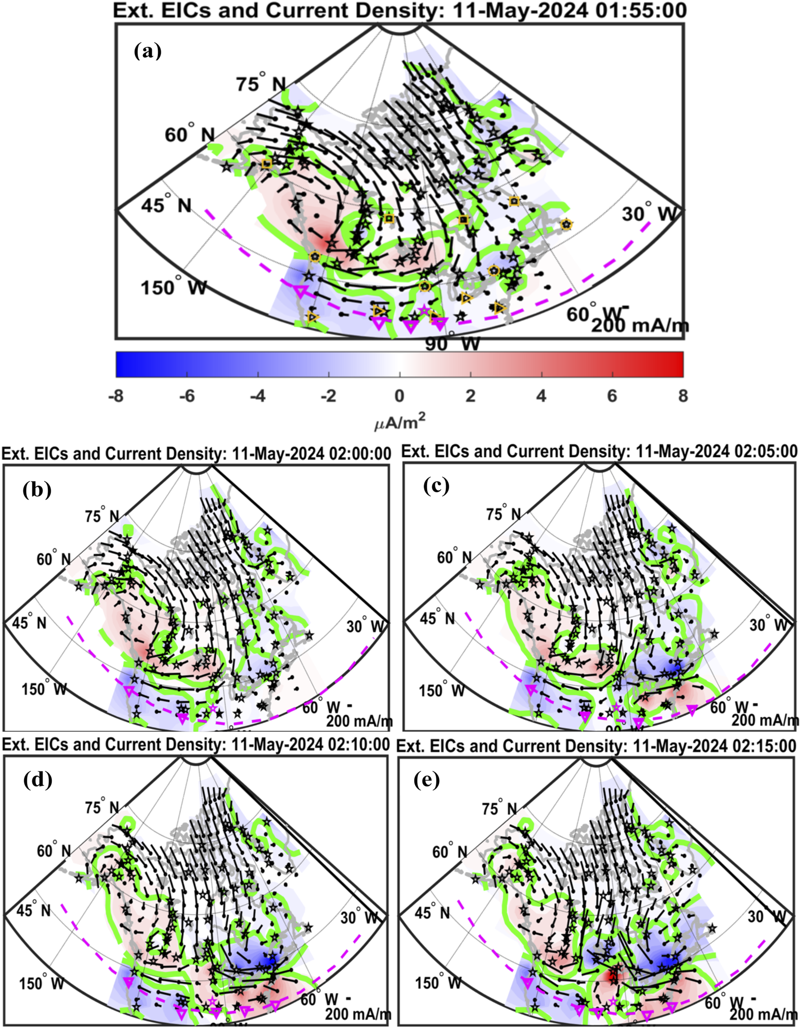 Five graphs display external electric currents (EICs) and current density over the northern hemisphere on May 11, 2024, at different times between 01:55 and 02:15. Each graph shows vectors, contour lines, and color gradients representing varying current densities. The scale ranges from negative values in blue to positive in red.