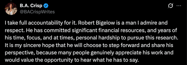 B.A. Crisp confirms that Robert Bigelow's message, in which he talks about pushing Trump for a soft disclosure in 2026, is real.