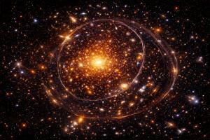 Gravitational lensing arcs around a massive galaxy cluster bending light from distant galaxies.