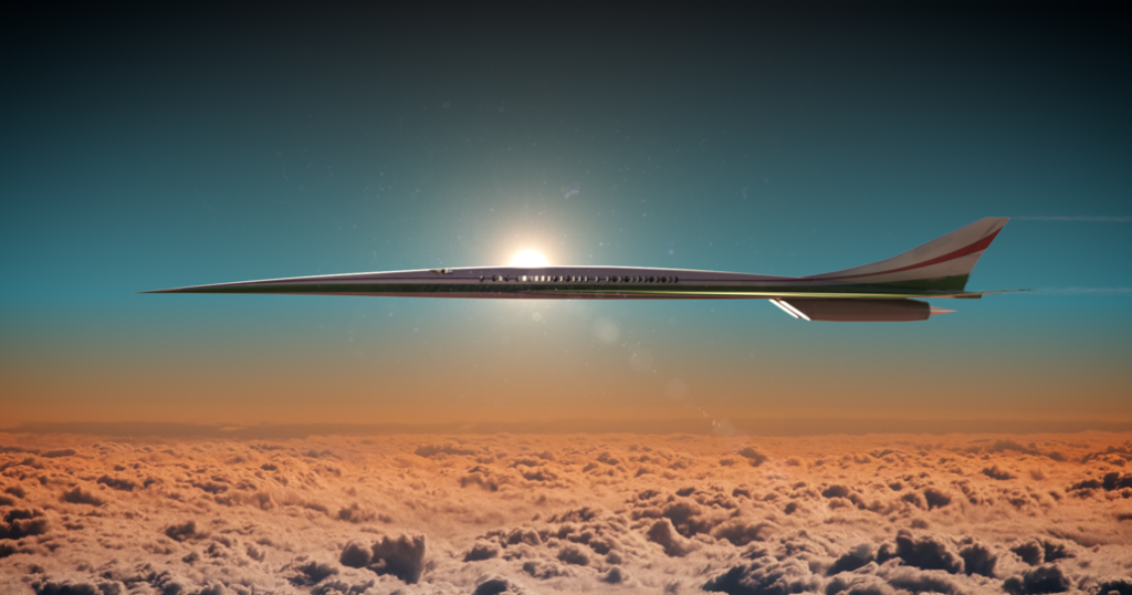 High-Speed Flight Project Overview – NASA A pointed, narrow airplane designed for high-speed flight soars above the clouds. The sun shines through many, tiny passenger windows.