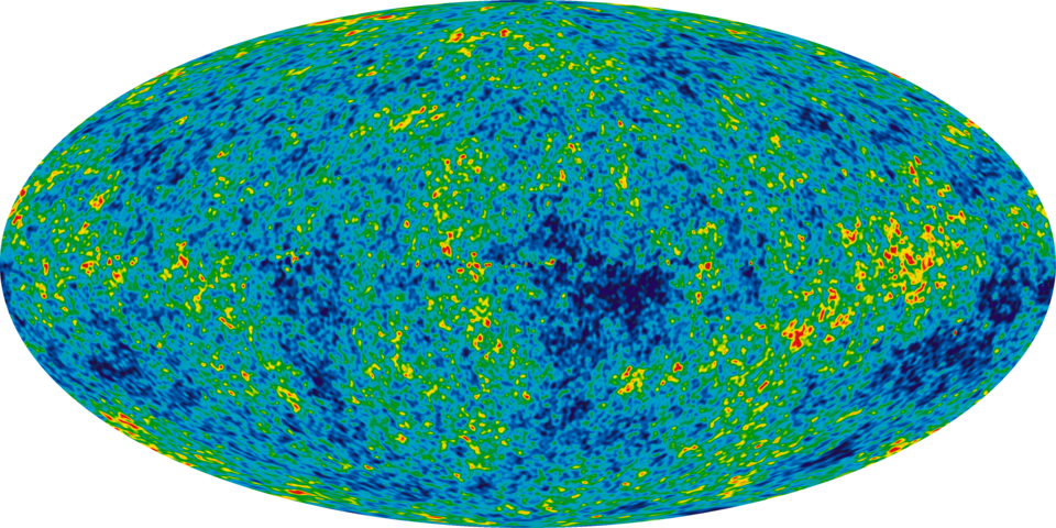 Oval-shaped colorized image shows spots of red and yellow over a mostly green and blue background.