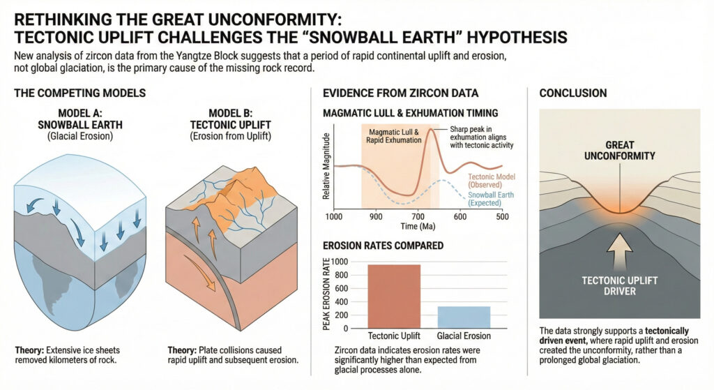 Diagram comparing the two models for the Great Unconformity. In one model earth was eroded by glaciers, in the other tectonic activity.