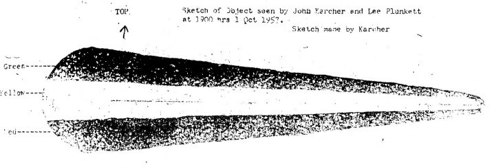 1957 - torpedo shaped UAP circles Atomic Plant at Shippingport, USA, the top half green-coloured and the bottom half a reddish-orange, both separated by a strip of yellow - UFO FEED