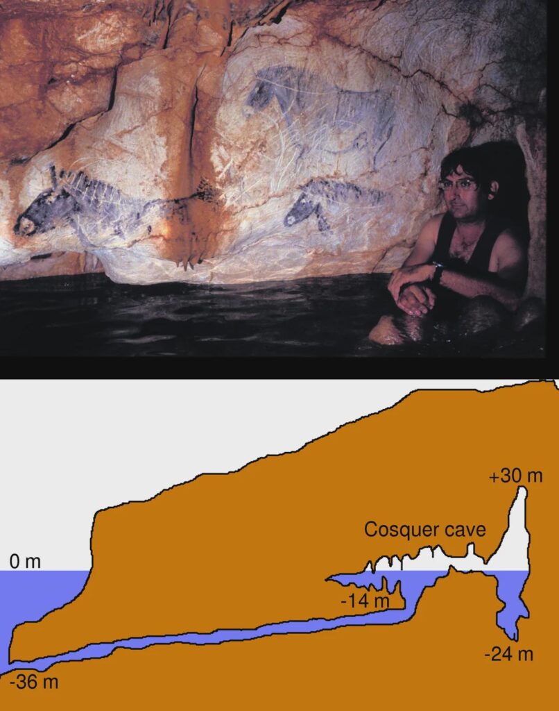 The Cosquer cave is a Palaeolithic decorated cave, located in France, that contains numerous cave drawings dating back as far as 27,000 years BP. The cave has more than 200 parietal figures and is also the only decorated cave whose entrance opens under the sea